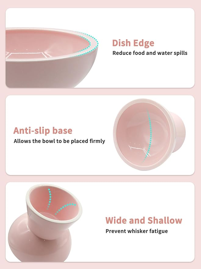 LoeJan Elevated Cat Food and Water Bowls Set, Extra Wide and Raised Ceramic Feeder, Anti-Vomit Whisker-Free Pressure Feeding Bowl for Kittens Adult Cats Small Dogs(Pink, Food Bowl)
