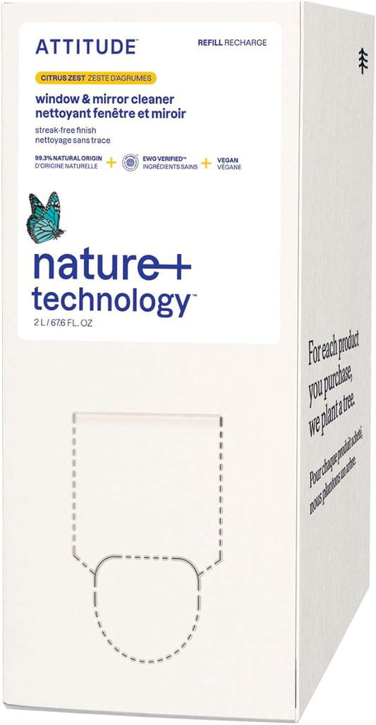 ATTITUDE Window & Mirror Cleaner Refill, EWG Verified, Plant- & Mineral-Based, Vegan & Streak-Free Glass Spray, Citrus Zest Scent, 67.6 Fl Oz