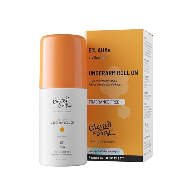 Chemist at Play UnderArm Roll-On with 5% AHA| Lactic & Mandelic Acid|Prevents Odour, Brightens Skin & Exfoliates Underarm | For Sensitive Skin | Fragrance-Free | Alcohol & Aluminium Free | 1.35 fl oz