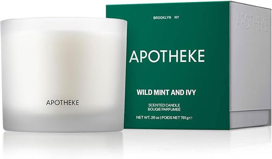 Apotheke 3-Wick Scented Candles for Home, Wild Mint & Ivy - 26 oz Soy Wax Jar Candle Gift for Women - Long-Lasting Fragrance with Perfume-Grade Essential Oils - Eucalyptus, Patchouli, Cedarwood & Rose