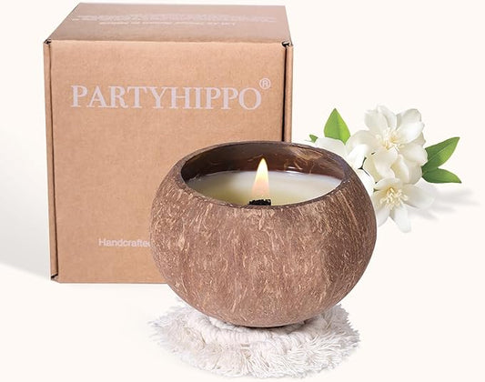 PARTYHIPPO Coconut Shell Scented Candle – 60-Hour Burn, Natural Soy Wax with Essential Oils – Eco-Friendly, Handmade Aromatherapy Candle for Relaxation, Stress Relief & Home Decor (Oakmoss Amber)