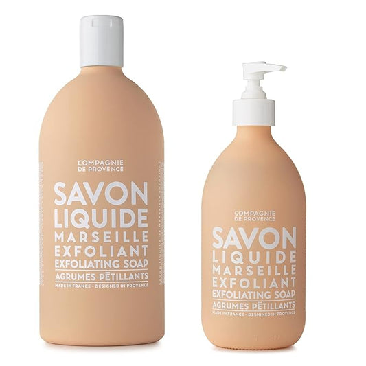 Compagnie de Provence Savon de Marseille Extra Pure Liquid Soap - Sparkling Citrus Exfoliating - 16.7 Fl Oz Glass Pump Bottle and 33.8 Fl Oz Plastic Bottle Refill