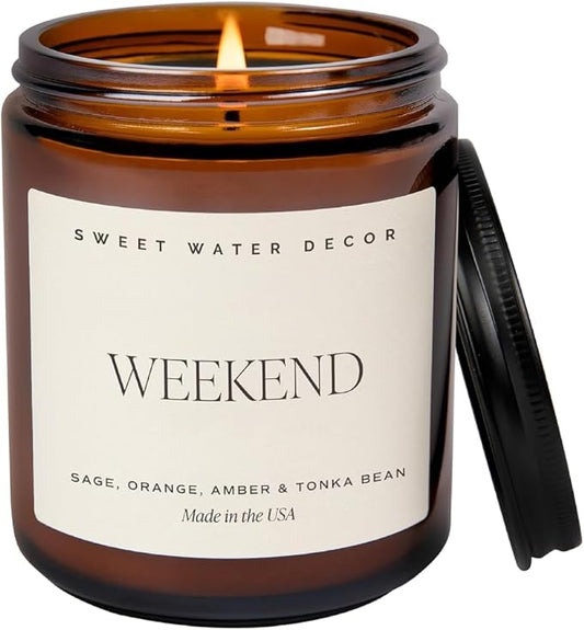 Sweet Water Decor Weekend Soy Candle - Citrus, Grapefruit, Sage, Amber, and Oakmoss Scented Spring Candles for Home - 9oz Amber Jar + Black Lid, 40+ Hour Burn Time, Made in The USA