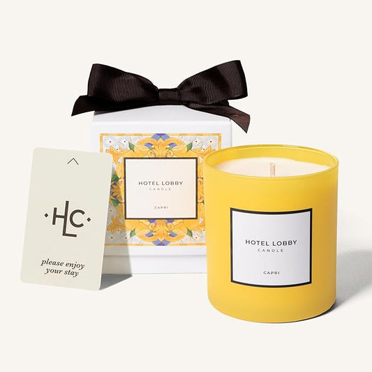Hotel Lobby Capri Candle – Hand-Poured 9.75oz 100% Soy Wax with Italian Citrus, Jasmine, Amaro Liqueur, Sea Salt, and Mineral Amber – Paraffin-Free, Infused with Essential Oils, 65-Hour Non-Toxic Burn