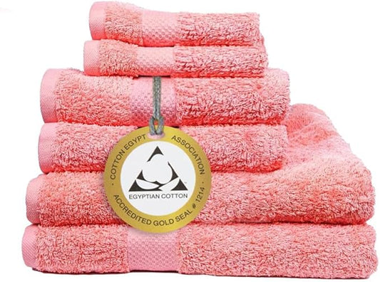 100% Egyptian Cotton Bath Towels Set of 6 Large & 600 GSM, Genuine Pure, Ultra Soft, Highly Absorbent, Quick Dry, Bathroom Essentials, Decor, Baby Towel! Bath Hand Face. (Pink)