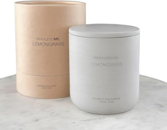 WHOLESOME. Lemongrass Scented Non Toxic Candle - 100% Natural Coconut Wax Candle, 90 Hours Burn, 2 Wicks, Aromatherapy & Stress Relief Candles, Vegan Candles, 16 oz Concrete Jar