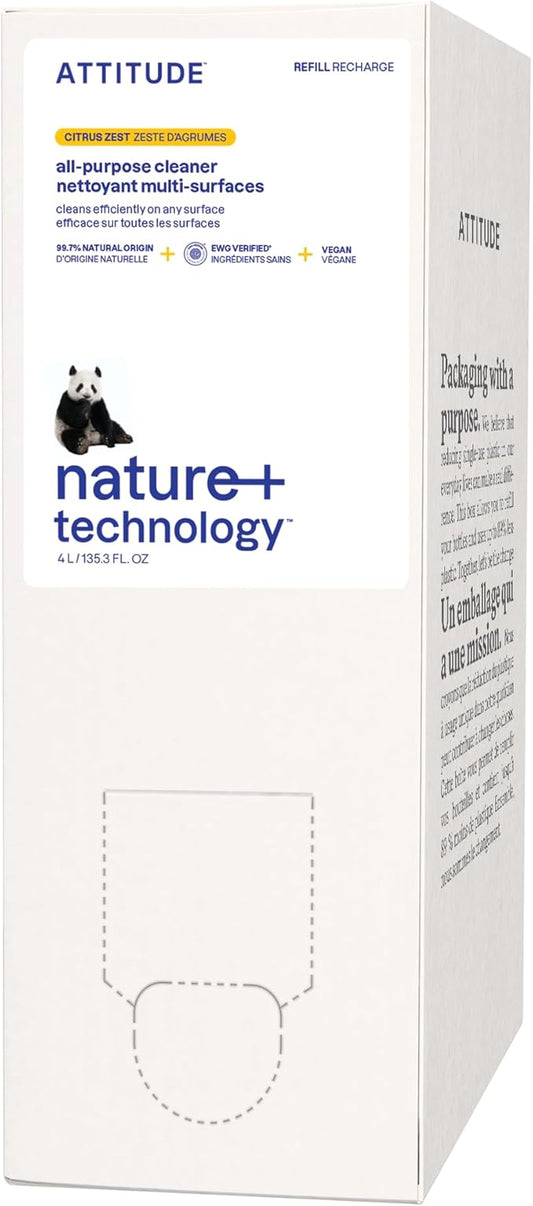 ATTITUDE All Purpose Cleaner Refill, EWG Verified, Plant-Based & Vegan, Multi-Surface Cleaning Spray, Citrus Zest Scent, 135.26 Fl Oz