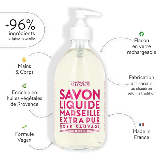Compagnie de Provence Savon de Marseille Extra Pure Liquid Soap - Wild Rose - 16.7 Fl Oz Glass Pump Bottle