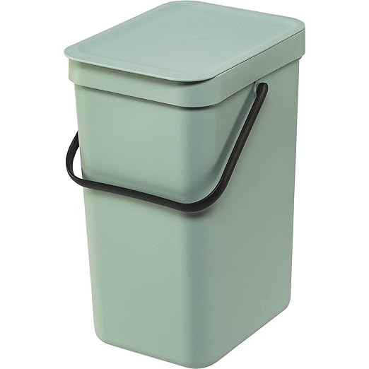 Brabantia Sort & Go Recycling Trash Can 3.2 Gallons (12L)(Jade Green), Space-Efficient Plastic Garbage Can with Handle, Removable and Stay-Open Lid, Easy to Clean Kitchen Bin Without Nooks and Rims