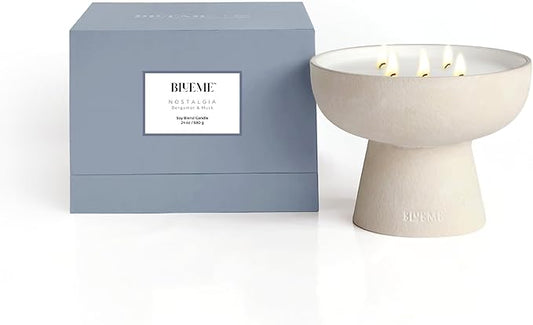 BLUEME Nostalgia - Bergamot & Musk, Luxury Candle w/Essential Oils, 5 Wick, Hand-Poured Soy, Cotton Wick, Ceramic