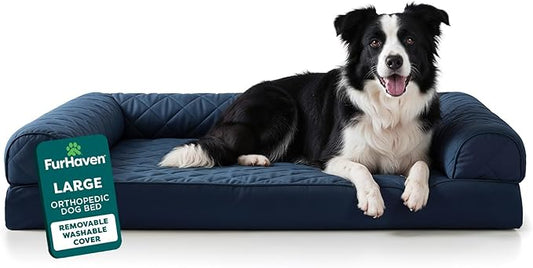 FurHaven Classic Sofa Orthopedic Dog Bed for Large Dogs with Orthopedic Egg Crate Memory Foam for Joint Support, Removable Washable Cover, Large, Quilted Sofa, Navy (Blue)