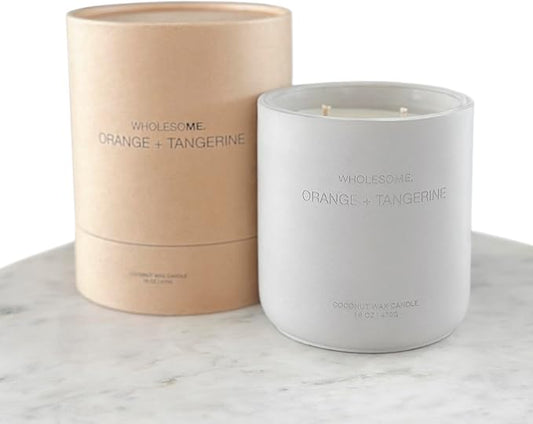 WHOLESOME. Orange + Tangerine Scented Non Toxic Candles - 100% Natural Coconut Wax Candle, 90 Hours Burn, 2 Wicks, Aromatherapy & Stress Relief Candles, Vegan Candle, 16 oz Concrete Jar