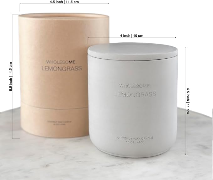 WHOLESOME. Lemongrass Scented Non Toxic Candle - 100% Natural Coconut Wax Candle, 90 Hours Burn, 2 Wicks, Aromatherapy & Stress Relief Candles, Vegan Candles, 16 oz Concrete Jar