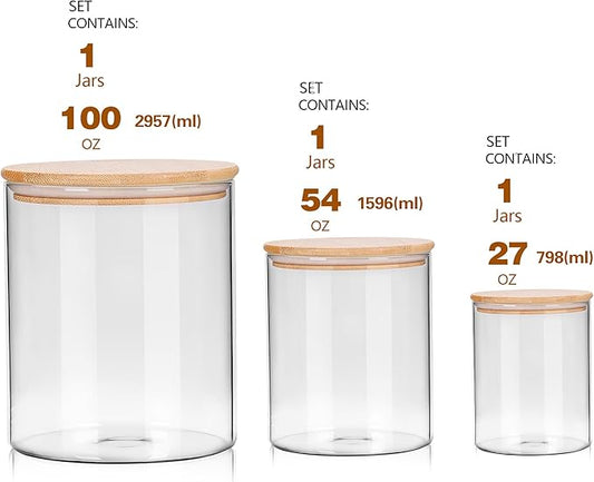 Glass Flour Storage Containers with Lids, Glass Jars with Bamboo Lids, Large Food Storage Jar, Sugar, Pantry Storage Container for Pasta Rice Flour Oats Nuts Tea Spice (Round 27oz+54oz+100oz)