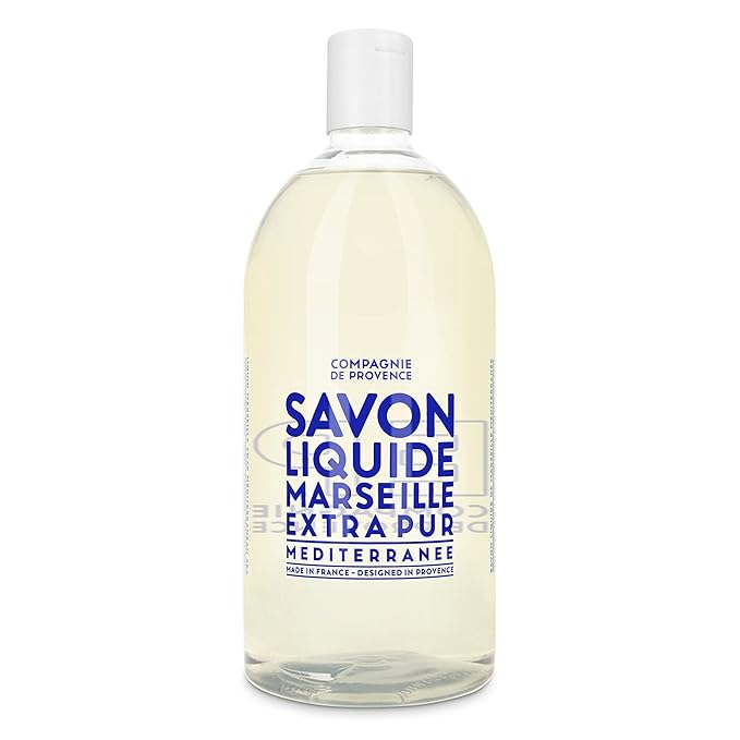 Compagnie de Provence Savon de Marseille Extra Pure Liquid Soap - Mediterranean Sea - 16.7 Fl Oz Glass Pump Bottle and 33.8 fl oz Plastic Bottle Refill
