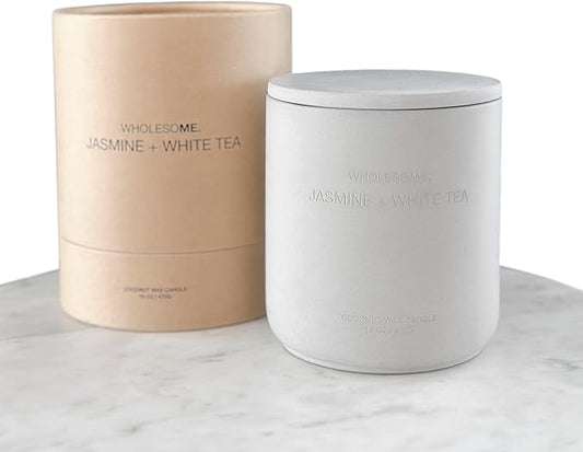 WHOLESOME. Jasmine + White Tea Scented Non Toxic Candles - 100% Natural Coconut Wax Candle, 90 Hours Burn, 2 Wicks, Aromatherapy & Stress Relief Candles, Vegan Candle, 16 oz Concrete Jar