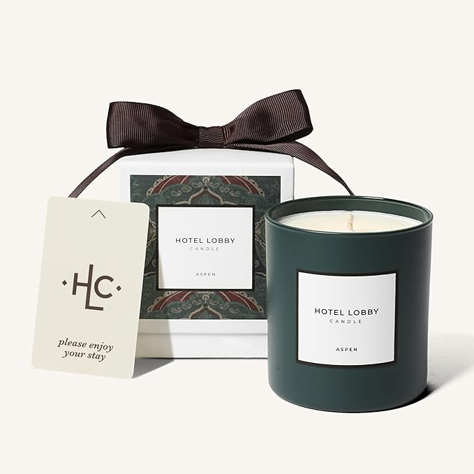 Hotel Lobby Aspen Candle – Luxury Hand-Poured 9.75oz Soy Wax with Cedarwood, Leather, Golden Embers, Smoke, and Pine – Infused with Essential Oils, 65-Hour Burn Time, Reusable Vessel, Clean Burn
