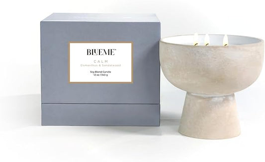 BLUEME Calm - Osmanthus & Sandalwood, Luxury Candle w/Essential Oils, 3 Wick, Hand-Poured Soy, Cotton Wick, Ceramic