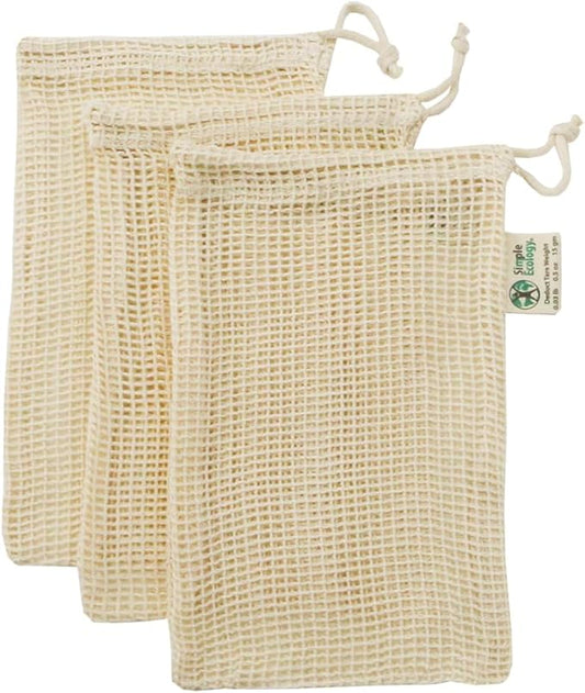 Simple Ecology Reusable Produce Shopping and Storage Bags, Drawstring, Washable Organic Cotton Mesh, X Small 3 pack