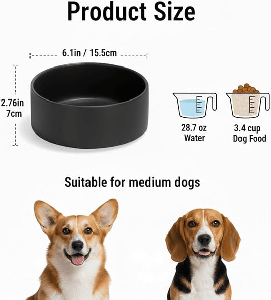 Ceramic Dog and Cat Bowl Modern Cute Weighted Food and Water Bowl Matte Glaze Pet Bowl for Replacement (Black, 28.7 OZ)