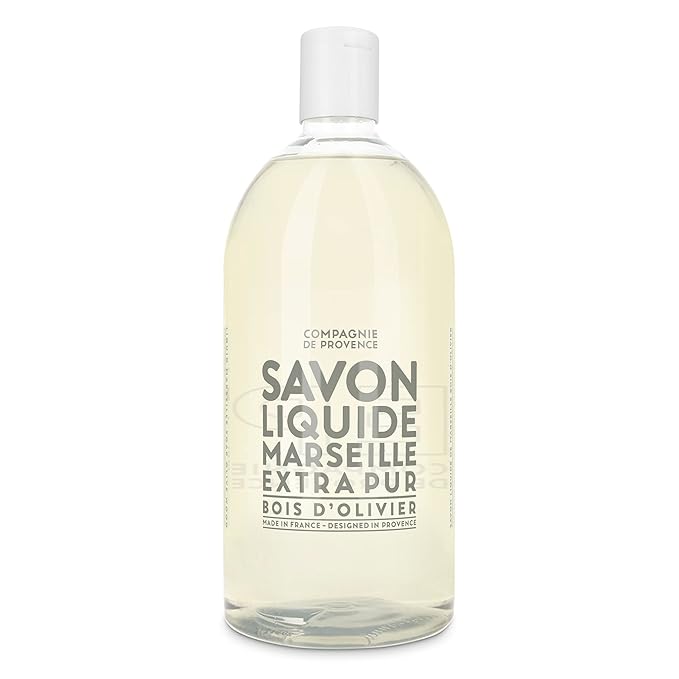 Compagnie de Provence Savon de Marseille Extra Pure Liquid Soap - Olive Wood - 16.7 Fl Oz Glass Pump Bottle and 33.8 fl oz Plastic Bottle Refill