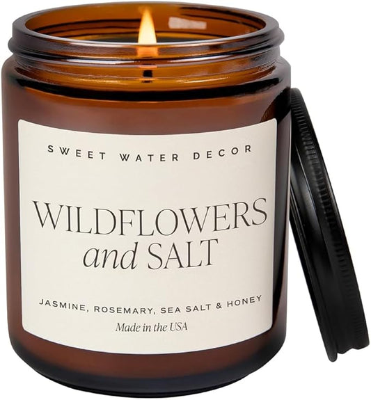 Sweet Water Decor Wildflowers and Salt Soy Candle - Jasmine, Rosemary, Honey, Sea Salt Scented Spring Candles for Home - 9oz Amber Jar + Black Lid, 40+ Hour Burn Time, Made in The USA