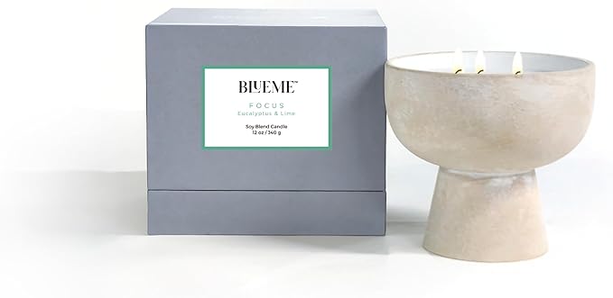 BLUEME Focus - Eucalyptus & Lime, Luxury Candle w/Essential Oils, 3 Wick, Hand-Poured Soy, Cotton Wick, Ceramic