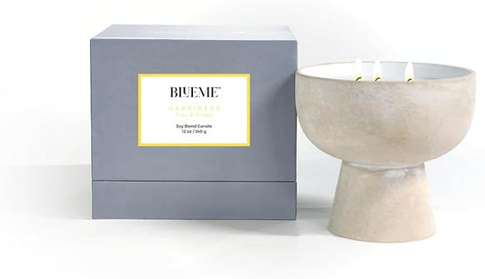 BLUEME Happiness - Yuzu & Ginger, Luxury Candle w/Essential Oils, 3 Wick, Hand-Poured Soy, Cotton Wick, Ceramic
