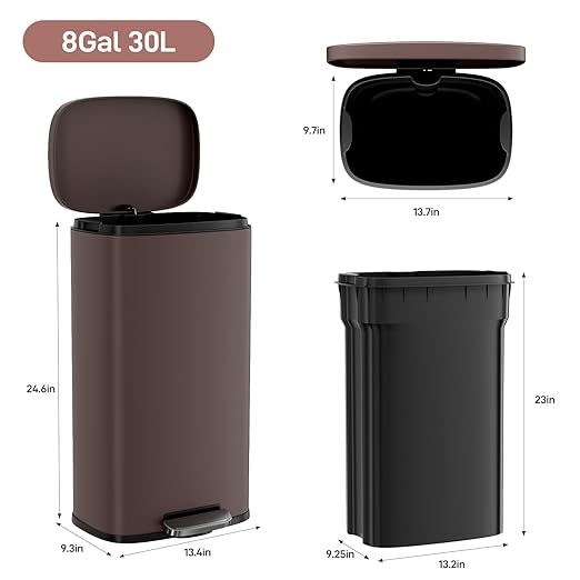 Arlopu 8 Gallon Step Trash Can, Stainless Steel Garbage Bin, Soft-Close Rubbish Bin with Removable Plastic Inner Bucket, Fingerprint-Proof, Lid Dustbin, Suit for Kitchen Home (Brown, 30L)