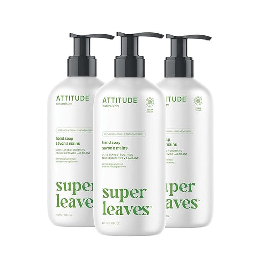 ATTITUDE Liquid Hand Soap, EWG Verified, Plant and Mineral-Based, Vegan Personal Care Products, Olive Leaves, 16 Fl Oz (Pack of 3)