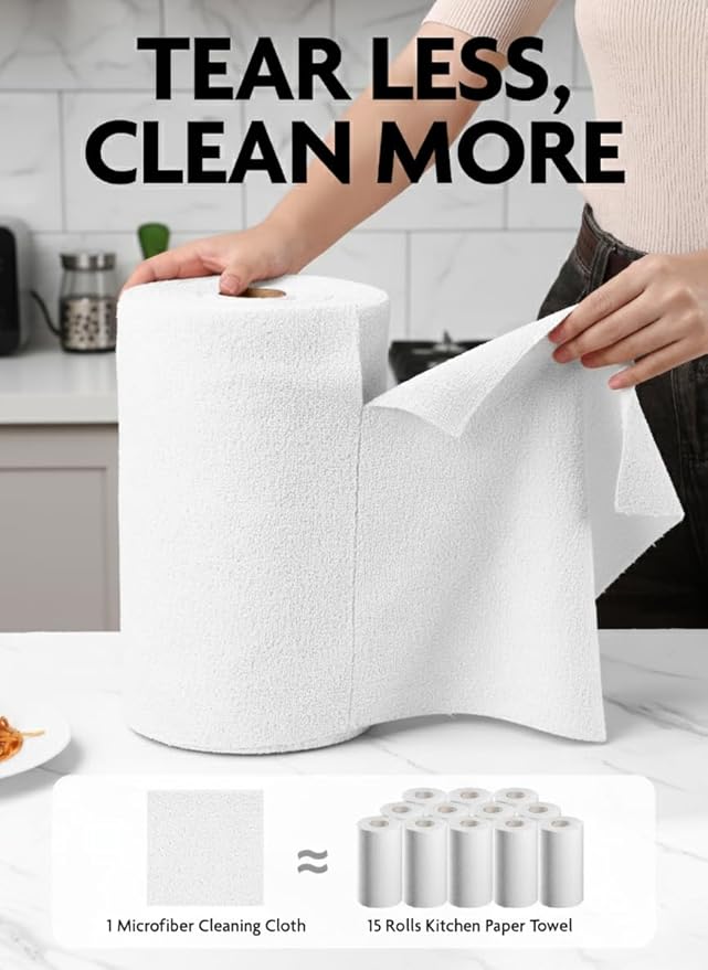 Fantasticlean Microfiber Cleaning Cloth Roll -150 Pack, Tear Away Microfiber Towels, 12" x 12", Reusable, Washable, Ultra Absorbent Dishcloth for Car, Home Supplies, Pet, Kitchen (White & Dimgrey)