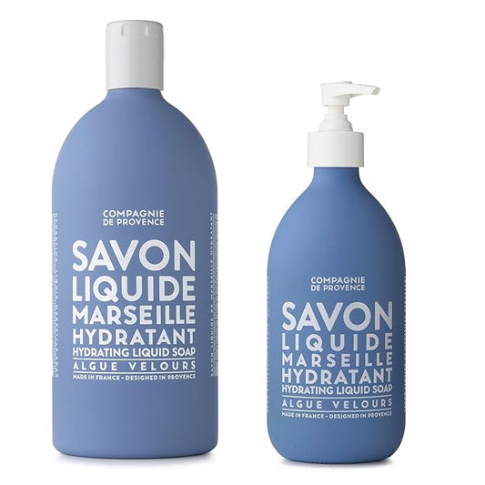Compagnie de Provence Savon de Marseille Extra Pure Liquid Soap - Velvet Seaweed - 16.7 Fl Oz Glass Pump Bottle and 33.8 fl oz Plastic Bottle Refill