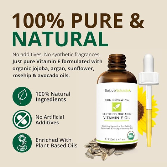 Vitamin E Oil - 100% All Natural & USDA Organic (LARGE 4oz Bottle) Repair Dry, Damaged Skin from Surgery & Acne, Age Spots. For Radiant, Hydrated & Youthful Skin. Face & Body Moisturizer