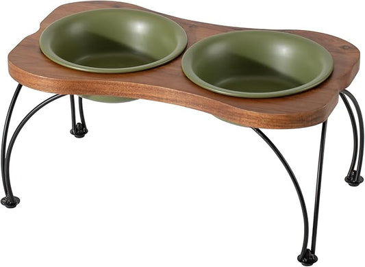 Ceramic 7.1-inch Raised Double-Bowl Set with Non-Slip Stand, 2.5 Cup Food or 24 oz Water Dishes for Medium and Dogs, Wide Opening with Rounded Edges(Olive Green)