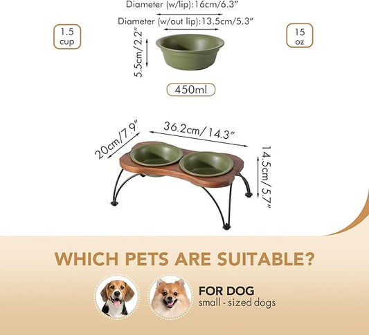 Ceramic 6.3-inch Raised Double-Bowl Set with Non-Slip Stand, 1.5 Cup Food or 15 oz Water Dishes for Small Dogs, Wide Opening with Rounded Edges(Olive Green)