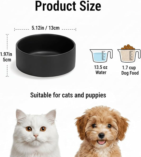 Ceramic Dog and Cat Bowl Modern Cute Weighted Food and Water Bowl Matte Glaze Pet Bowl for Replacement (Black, 13.5 OZ)
