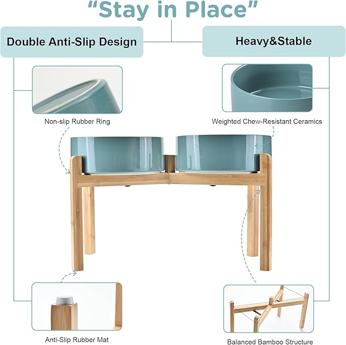 SPUNKYJUNKY Elevated Dog Bowls Ceramic, 8.3'' Dogs Food Water Bowls Raised with Non-Slip Bamboo Stand for Large Sized Breed Microwave Dishwasher Safe - 60 OZ,Dark Green