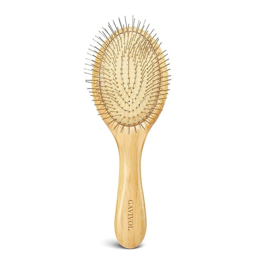 Bamboo Paddle Hairbrush with Steel Bristles for Anti-Static Detangling & Scalp Massage – Wooden Handle Brush for Hair Growth, All Hair Types