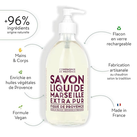Compagnie de Provence Savon de Marseille Extra Pure Liquid Soap - Fig of Provence - 16.7 Fl Oz Glass Pump Bottle