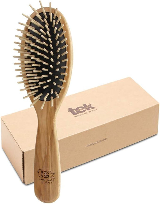 TEK – Large Oval Wooden Brush with Short Pins – Handmade in Italy with Sustainable and Vegan Materials – Safe for All Hair Types Wet or Dry – Gentle Detangler & Anti-Static Properties