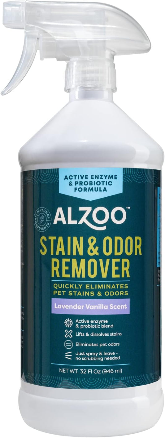 ALZOO Stain & Odor Remover, Quickly Lifts & Dissolves Pet Stains & Helps Eliminate Odors, 100% Plant-Based Active Ingredients, Lavender Vanilla Scent, 32 Fl. Oz Spray Bottle