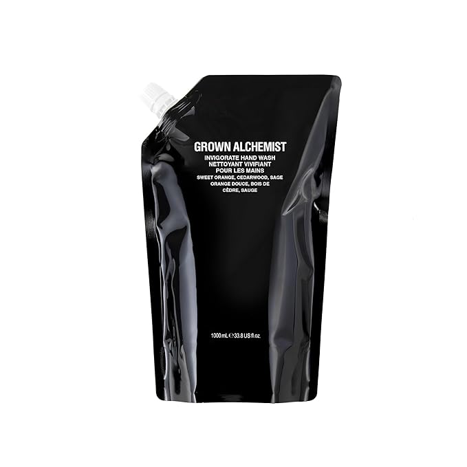 Grown Alchemist Invigorate Hand Wash Refill Pouch, Sweet Orange, Cedarwood, Sage. Soothe, Soap to Cleanse & Nourish Skin, (1L).