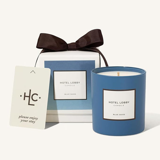 Hotel Lobby Blue Skies Candle – Luxury Hand-Poured 9.75oz Soy Wax with Champagne, Vintage Leather, Mahogany, and Smoke – Infused with Essential Oils, 65-Hour Burn Time, Reusable Vessel, Clean Burn