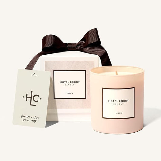 Hotel Lobby Linen Candle – Luxury Hand-Poured 9.75oz 100% Soy Wax with Pink Pepper, Linen, Sandalwood, Iris, and Vetiver – Paraffin-Free, Infused with Essential Oils, 65-Hour Clean Non-Toxic Burn