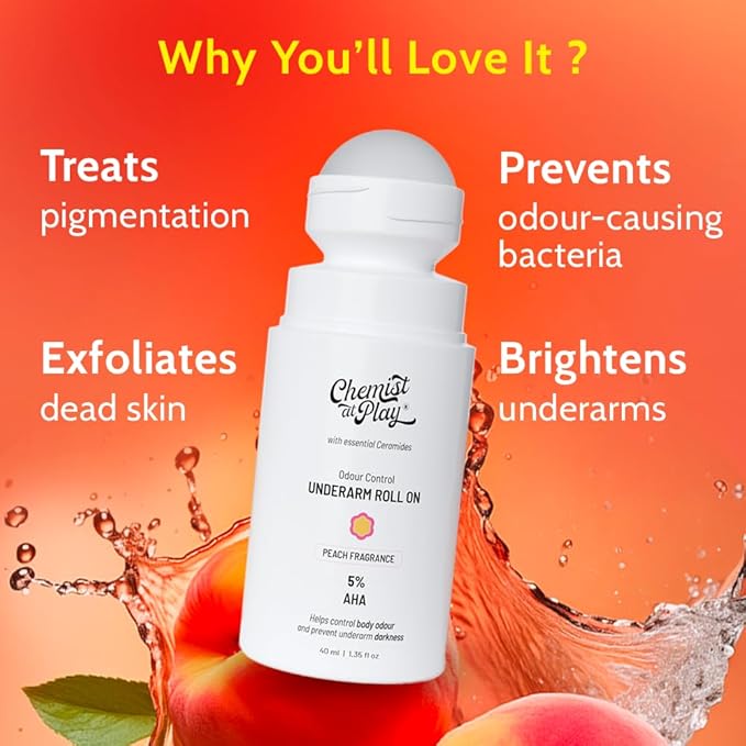 Chemist at Play UnderArm Roll-On with 5% AHA| Lactic & Mandelic Acid|Prevents Odour, Brightens Skin & Exfoliates Underarm | For Sensitive Skin | Peach Fragrance | Alcohol & Aluminium Free | 1.35 fl oz