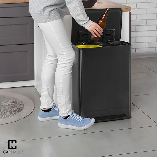 CAPHAUS Black Dual Trash Can w/Single Lid, Trash & Recycle Bins Combo, Hands-Free Stainless-Steel Garbage Can for Kitchen, with 2 Compartment, Hinged Lid, Odor Filters, Handles, 25L+25L, 2 x 6.6 Gal
