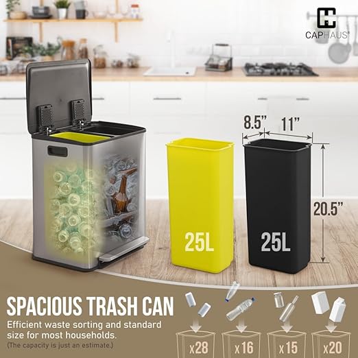 CAPHAUS Black Dual Trash Can w/Single Lid, Trash & Recycle Bins Combo, Hands-Free Stainless-Steel Garbage Can for Kitchen, with 2 Compartment, Hinged Lid, Odor Filters, Handles, 25L+25L, 2 x 6.6 Gal