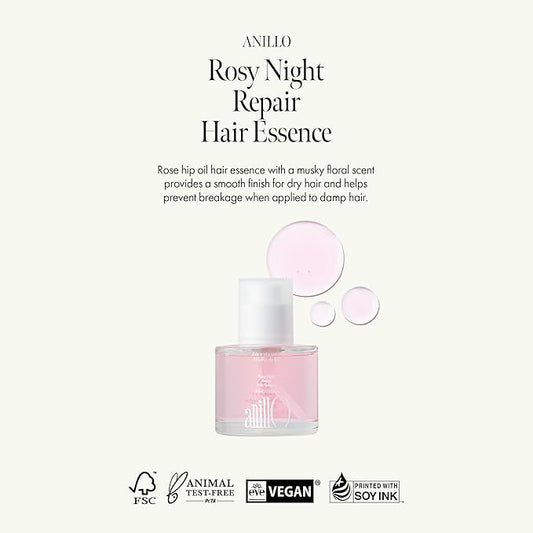 ANILLO Rosy Night Repair Hair Essence with Damask Rose Extract, Rosehip Oil, Peptide Complex for Dry, Damaged, Frizzy Hair - Musky Floral Scent, Vegan, Paraben-Free 50ml / 1.69 fl. Oz