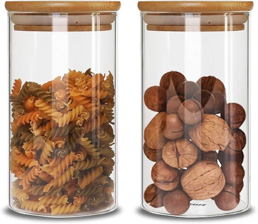 Glass Storage Jars Set of 2(25oz/750ml) with Airtight Seal Wooden Lid Stackable Kitchen Canisters for Candy, Coffee Bean Cookie, Rice, Sugar, Flour, Pasta, Nuts, Coffee