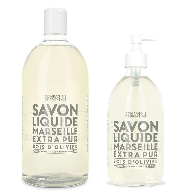 Compagnie de Provence Savon de Marseille Extra Pure Liquid Soap - Olive Wood - 16.7 Fl Oz Glass Pump Bottle and 33.8 fl oz Plastic Bottle Refill